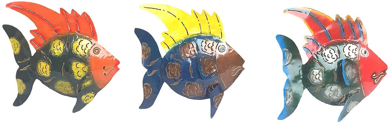 OMA Set of Three Metal Fish Wall Hanging Decor Tropical Nautical Hand Painted Fish Wall Decor - Large Size