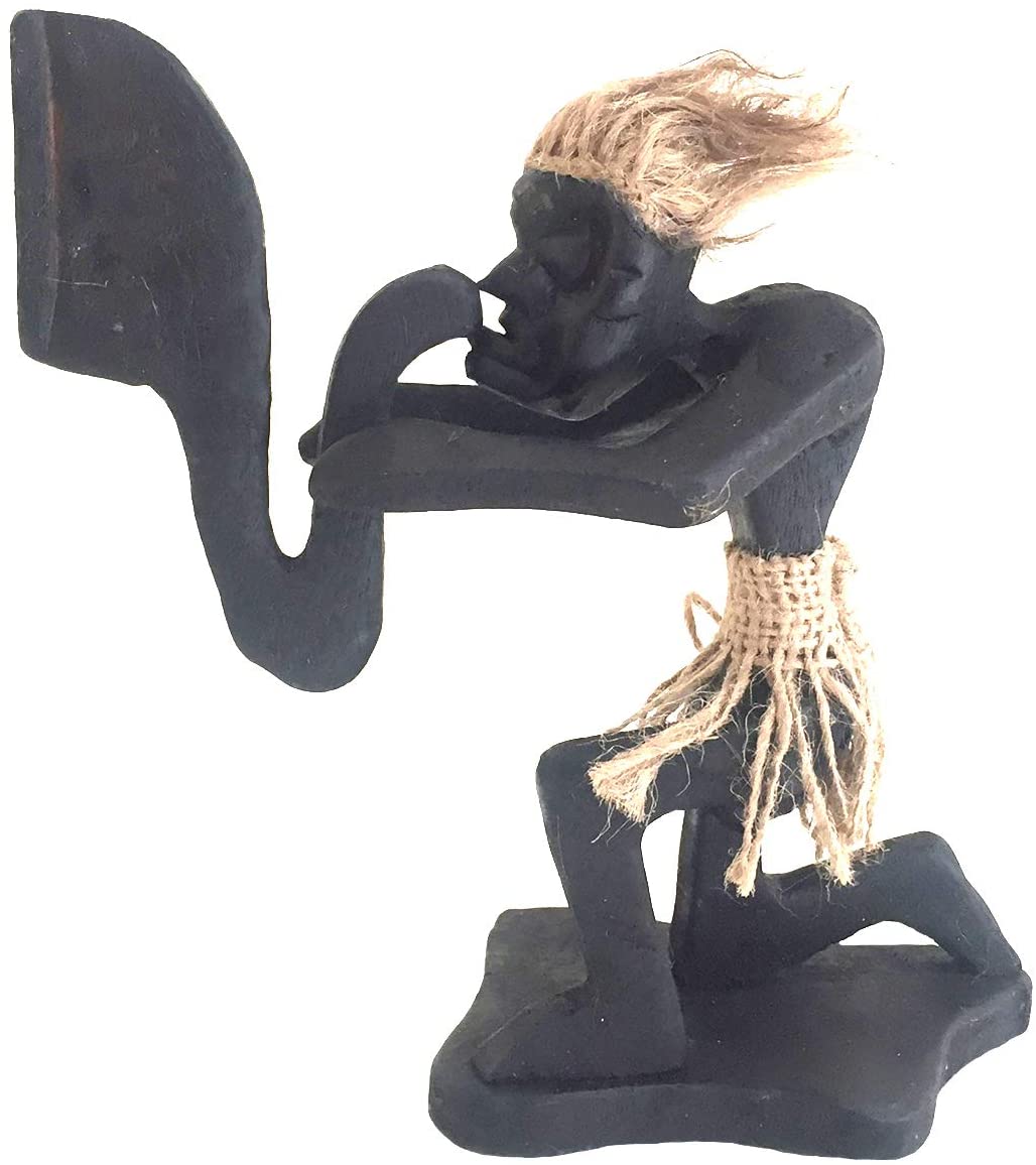 OMA Tiki Man Statue Playing Trumpet Musical Instrument Wooden Carved Primitive Tribal Figurine African Home Decor Gift