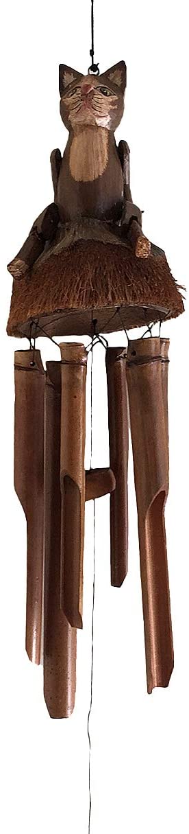 OMA Bamboo Wind Chime Indoor Outdoor Cat Shaped Windchime Hand Crafted Nice Sound Large Size (Brown Cat)