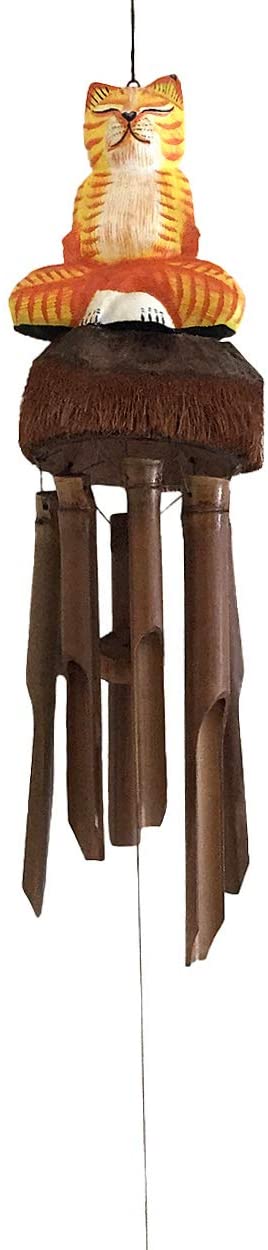 OMA Bamboo Wind Chime Indoor Outdoor Cat Shaped Windchime Hand Crafted Nice Sound Large Size (Tabby Cat)