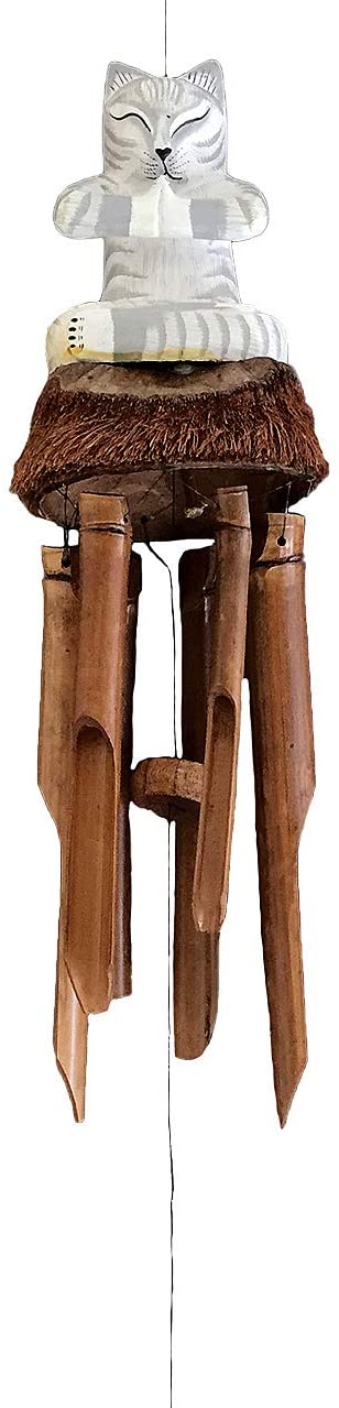 OMA Bamboo Wind Chime Indoor Outdoor Cat Shaped Windchime Hand Crafted Nice Sound Large Size (White Cat)