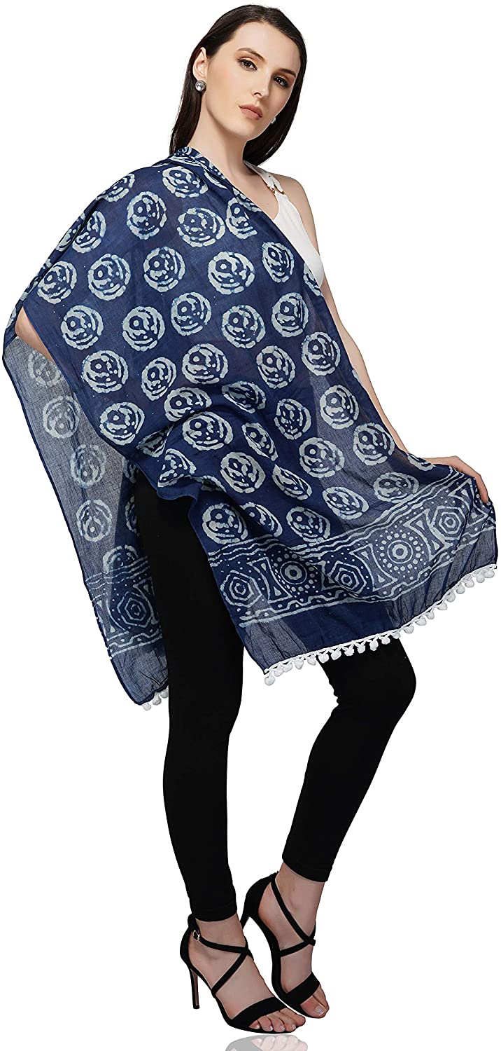 OMA Blue Indigo Cotton Block Print Scarf With Pompoms Hand Crafted Soft Vintage Shawl Wrap - Premium Quality