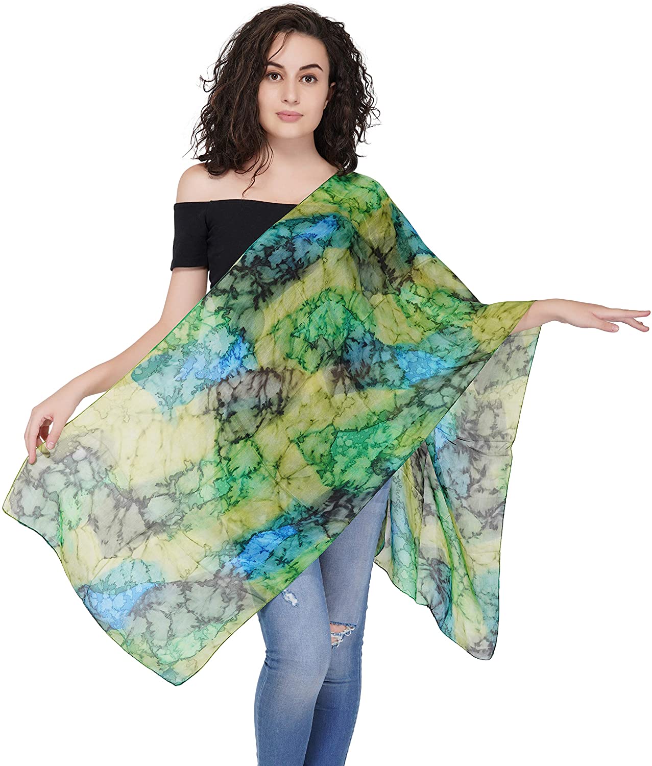 OMA Tie Dye Silk Scarf For Women 100% Pure Silk Lightweight Elegant Long Scarf Wrap Shawl Premium Quality (Green)