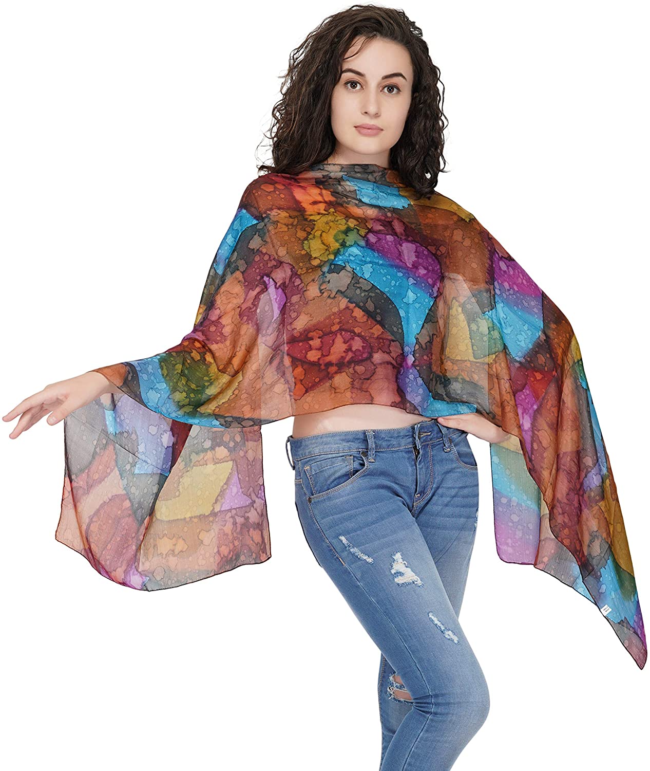 OMA Tie Dye Silk Scarf For Women 100% Pure Silk Lightweight Elegant Long Scarf Wrap Shawl Premium Quality (Multi Color)