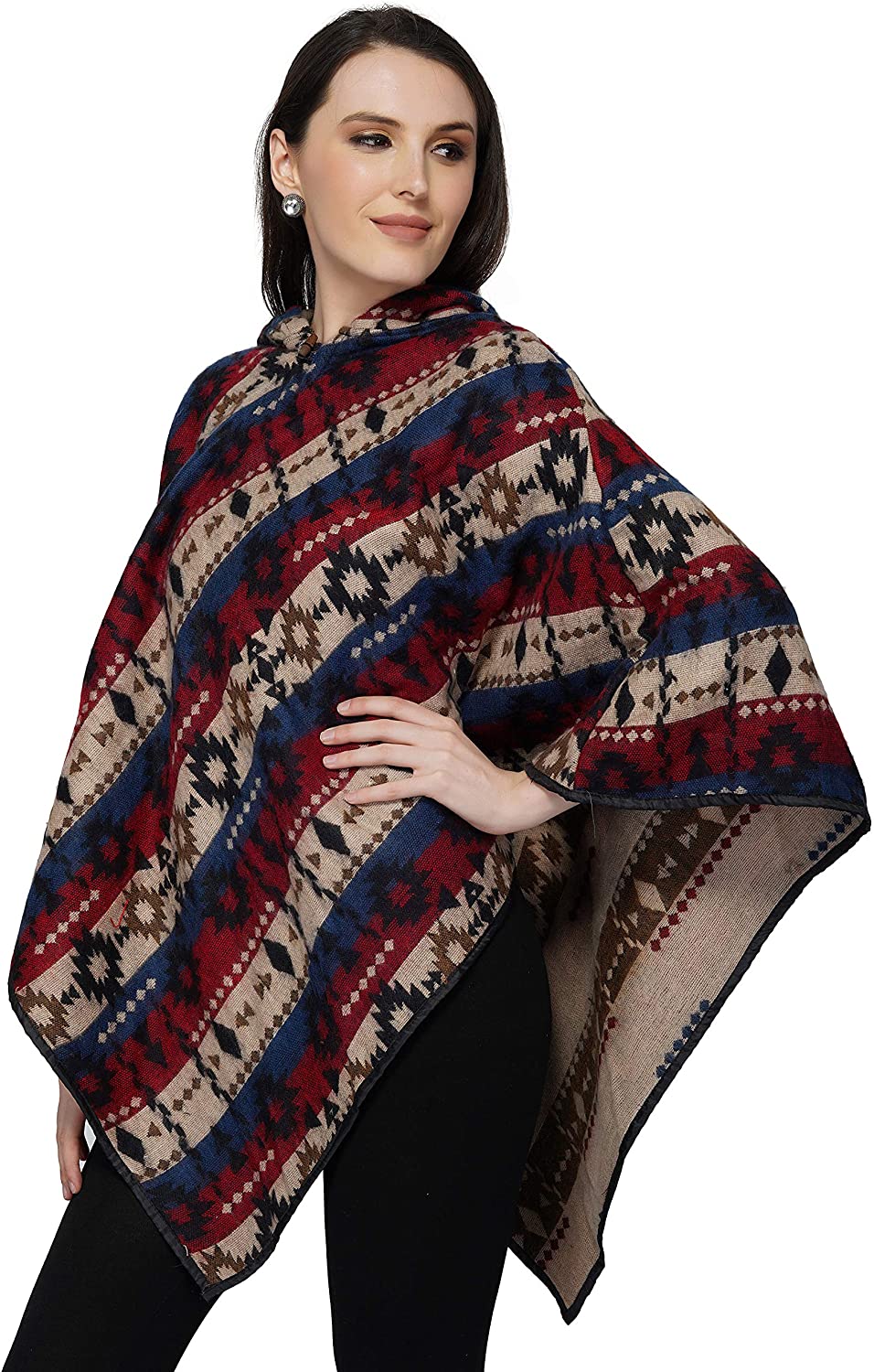 OMA Women's Aztec Print Poncho Soft Warm Hooded Cape Wrap - Premium Quality