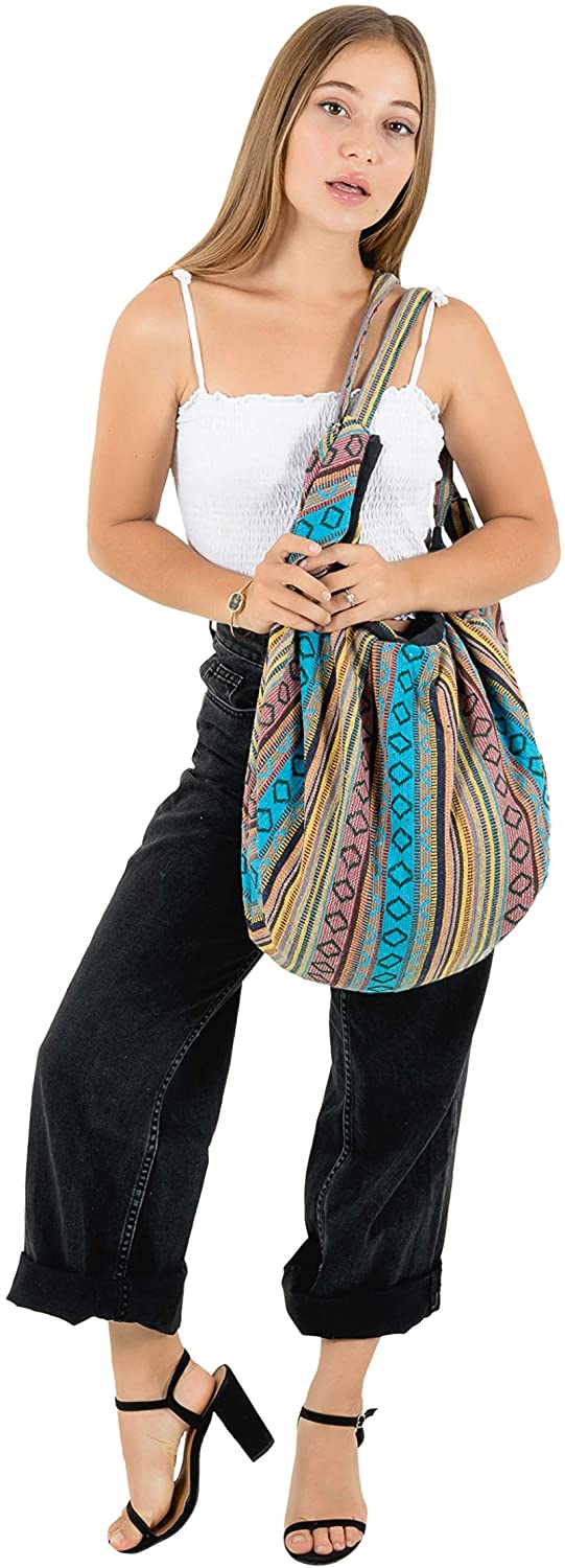 Oma Hippie Boho Multi Color Woven Cotton Sling Cross Body Yoga Bag Purse Backpack - Large Size