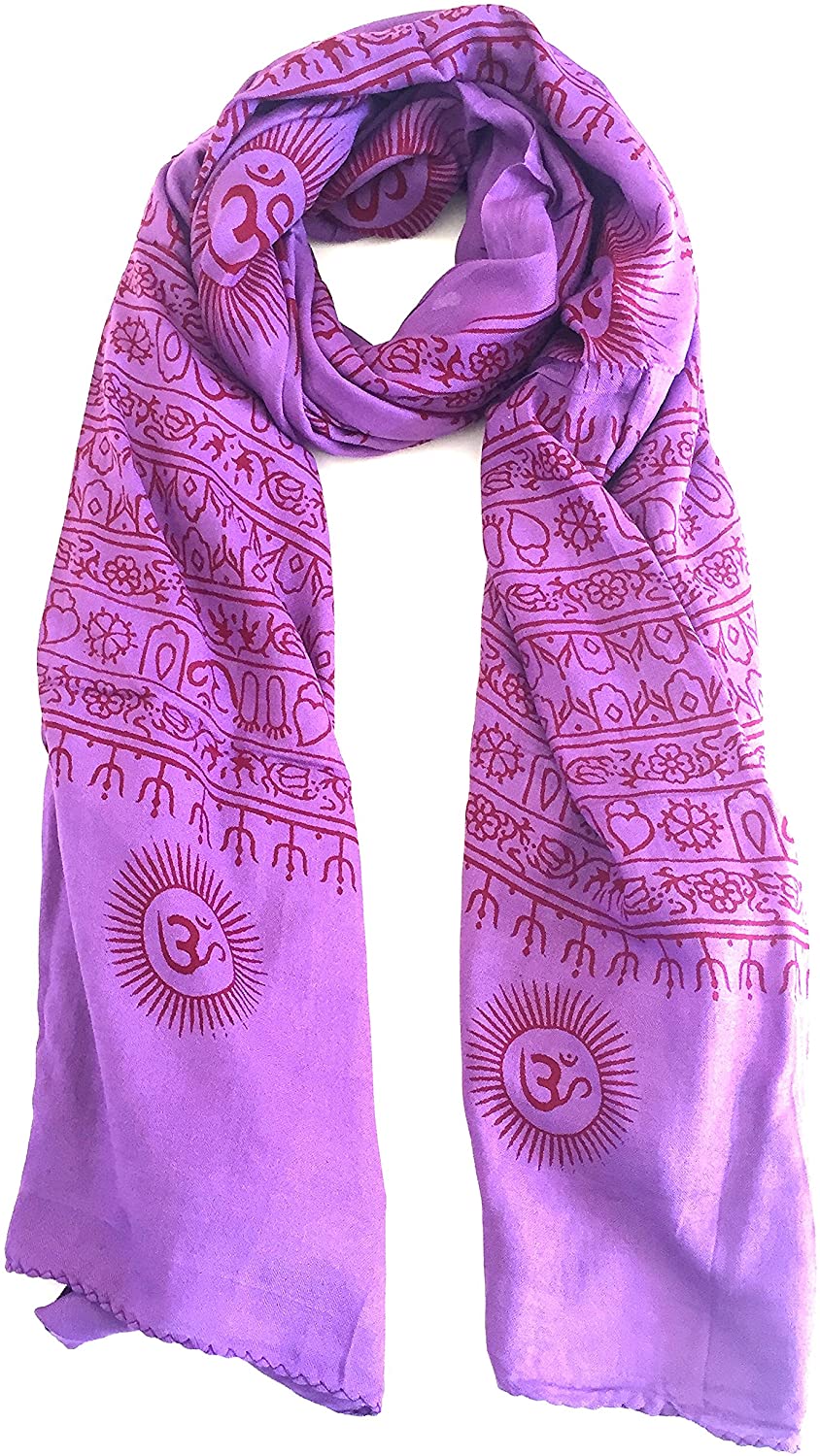 Large OM Mantra Scarf Hand Printed Wrap Prayer Shawl For Yoga & Meditation - Premium Quality - OMA BRAND (Purple)
