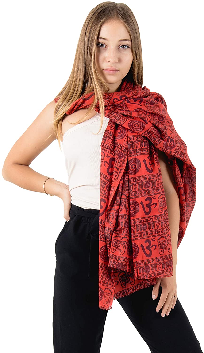 OM Sanskrit Mantra Block Print Cotton Scarf For Meditation & Yoga - LG Size - Premium Quality - OMA BRAND (Red)