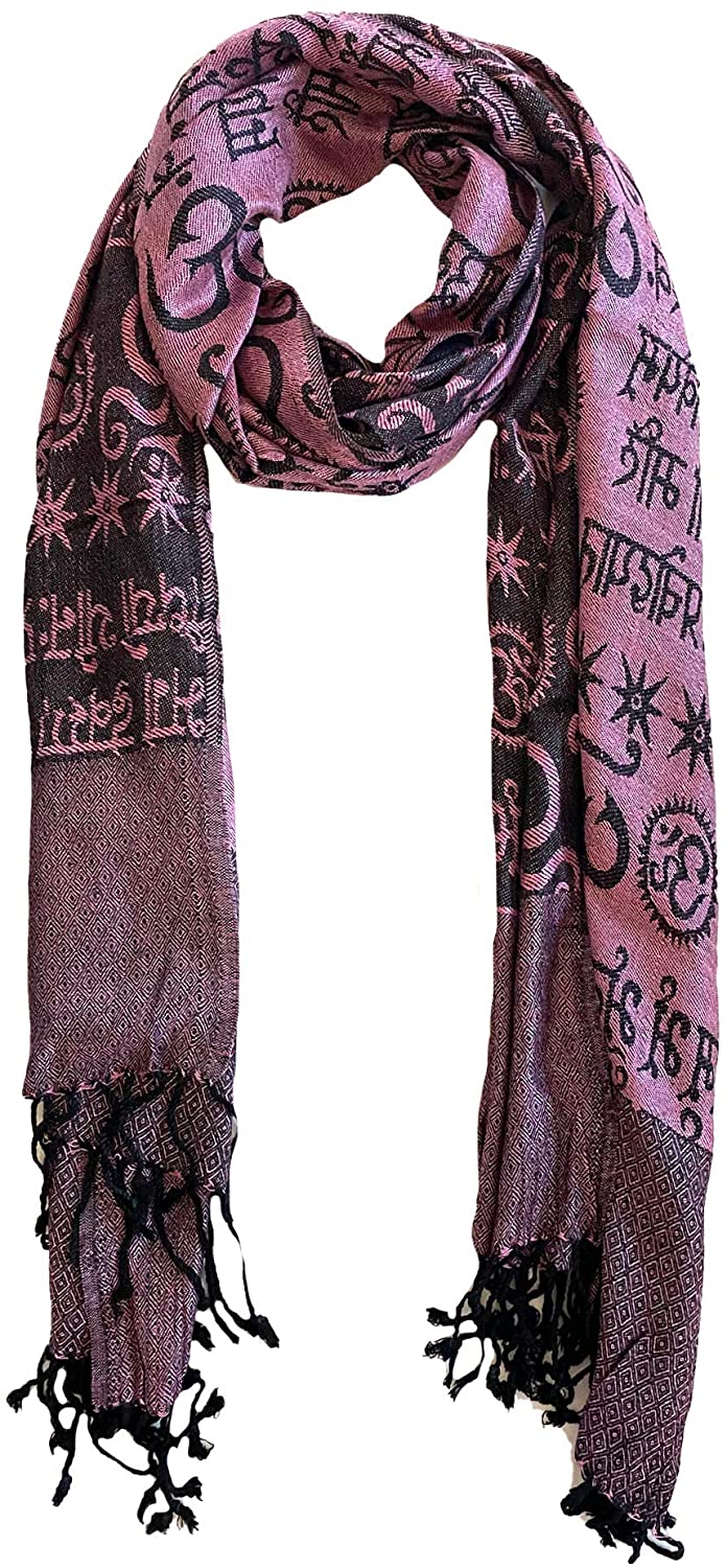 Om Symbol Prayer Meditation Shawl With Spiritual Gayatri Mantra Design Reversible Double Weave Scarf Shawl, Large Size- Premium Quality - OMA BRAND