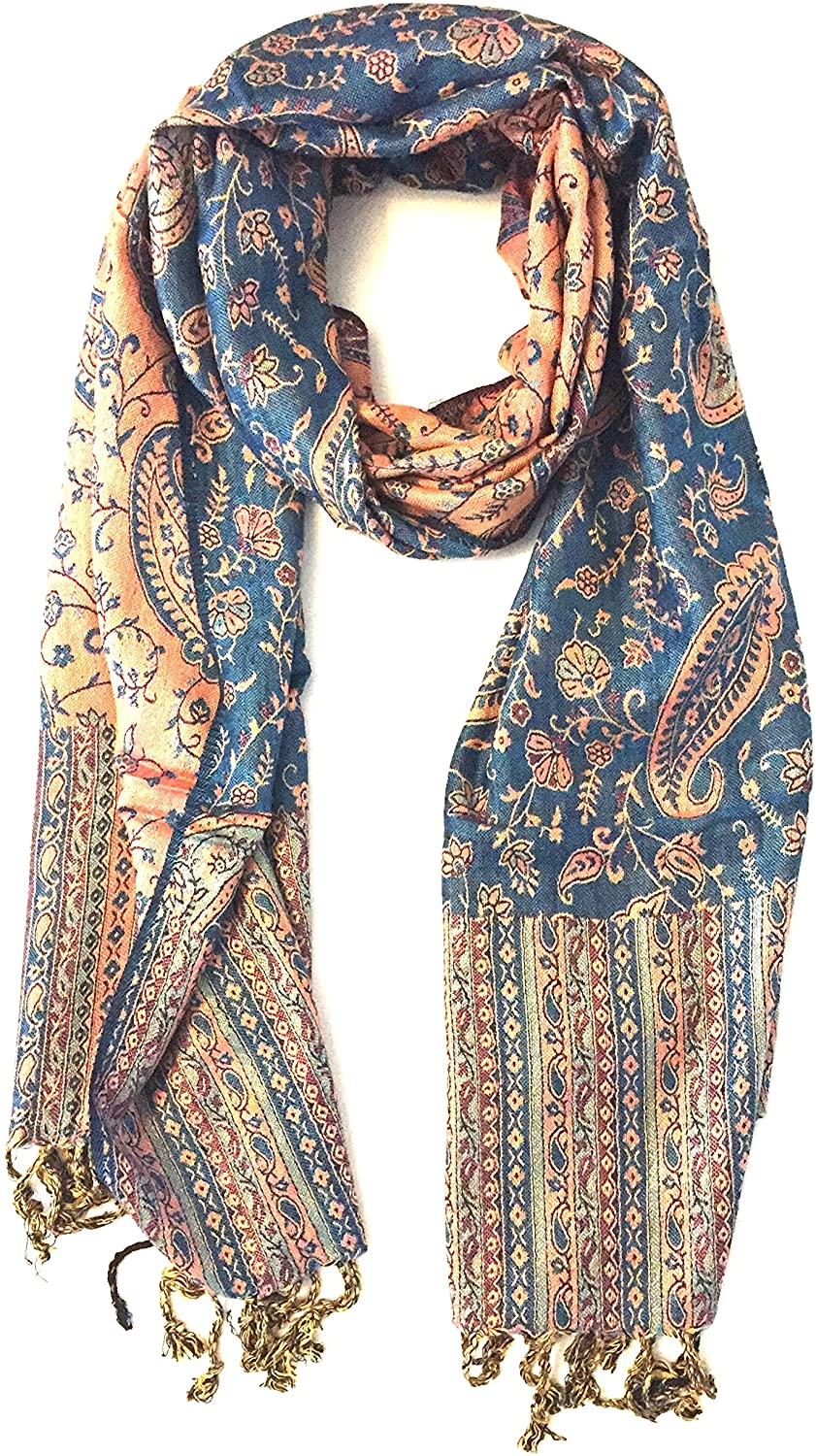 Oma Designer Paisley Jacquard Reversible Shawl With Bright Colors, Double Weave, LARGE SIZE