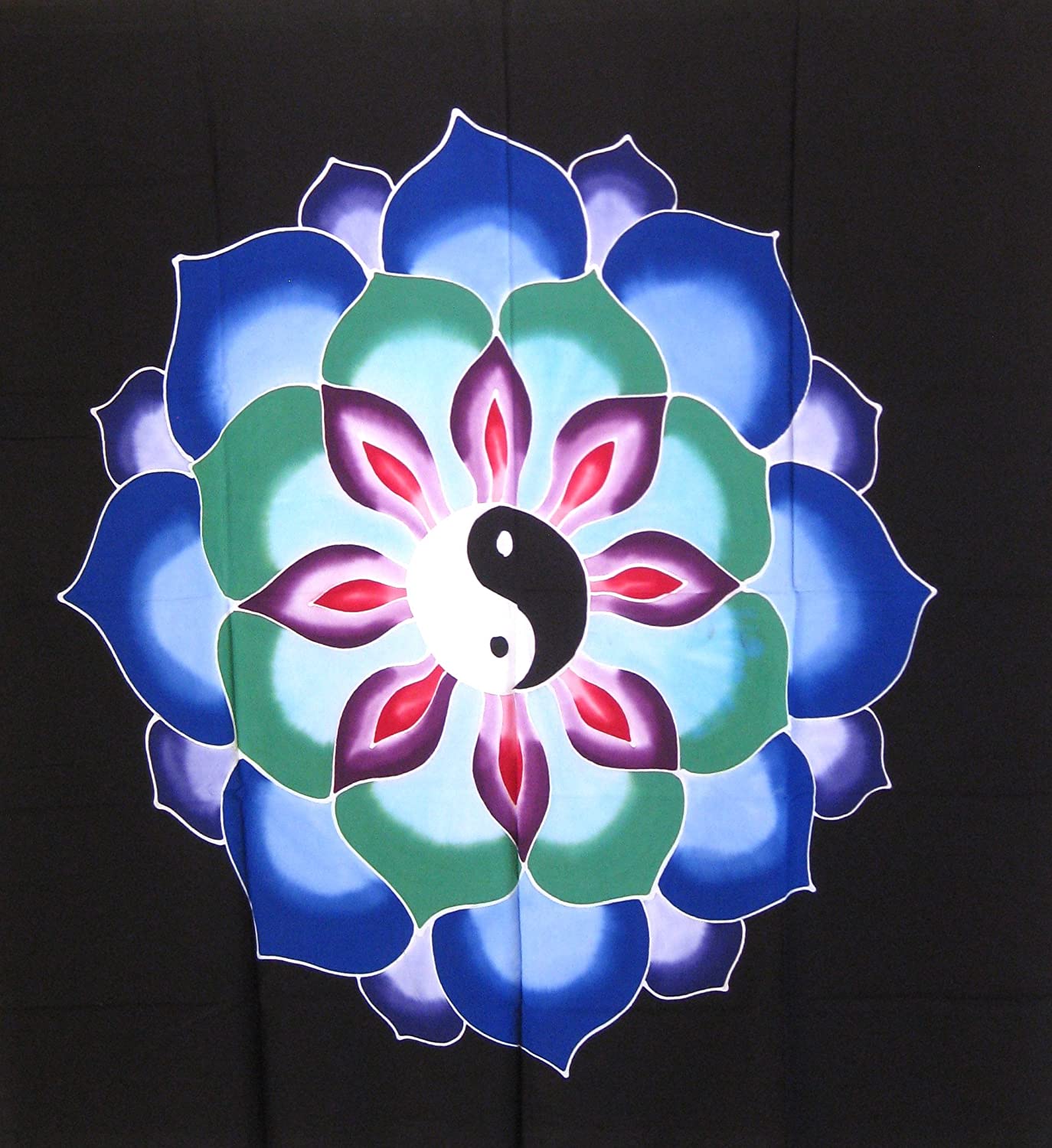 OMA Chakra Tapestry Flower Of Life With Ying Yang Design Hand Painted BATIK Wall Hanging - LARGE SIZE