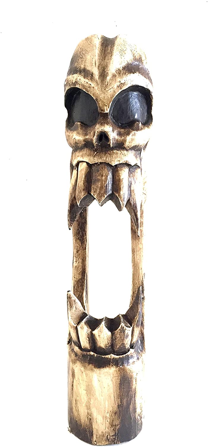 OMA Wood Carved Skeleton Statue Skull Head with Fang Teeth Goth Halloween Decor Brand