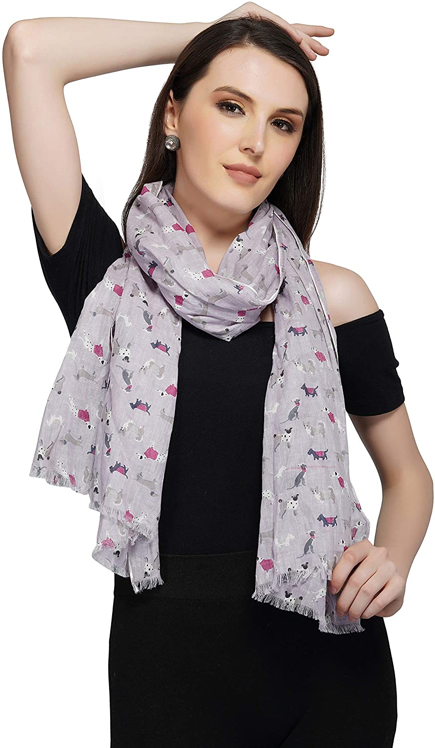 Women's Dog Printed Scarf With Fringe Soft Printed Boho Chic Multicolor Scarf Shawl - Premium Quality