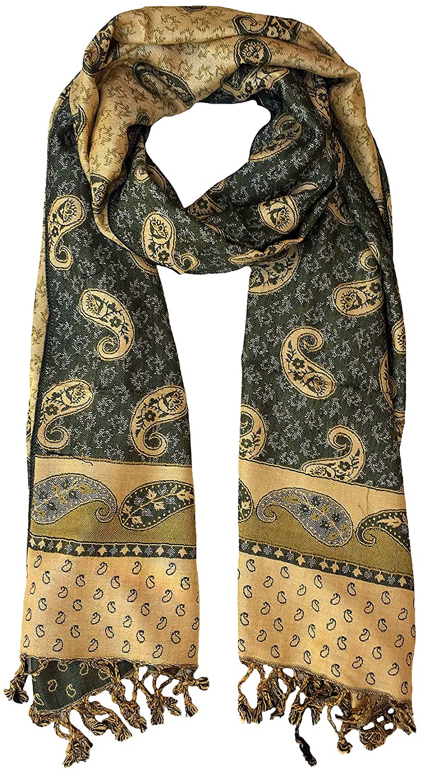 OMA Women's Soft Silky Reversible Paisley Floral Woven Pashmina Scarf Shawl Wrap LARGE SIZE