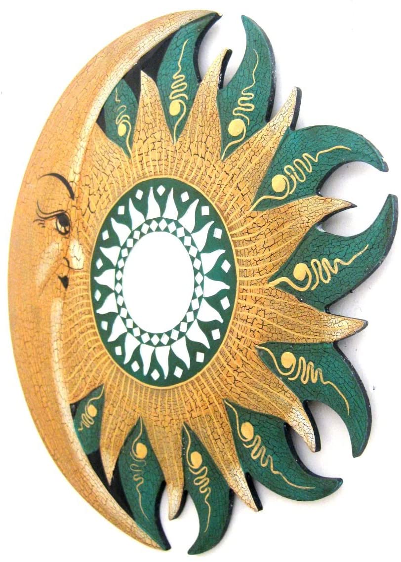 OMA Green Mirror, Sun and Moon Celestial Wall Mirror Hanging Mosaic Mirror- Handmade Brand