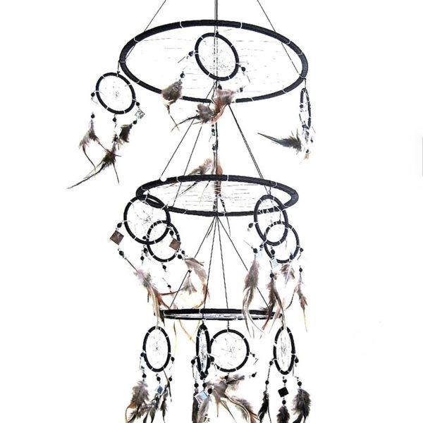 Triple Dream Catcher With Black Feathers And Mosaic Glass