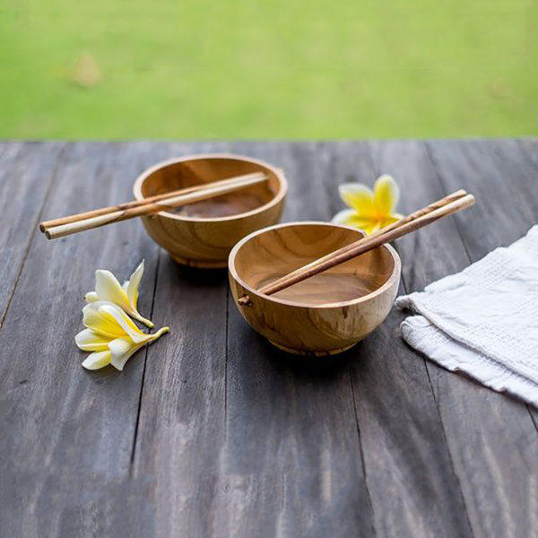 Teak Wood Noodle And Rice Bowl With Chopsticks, Pair